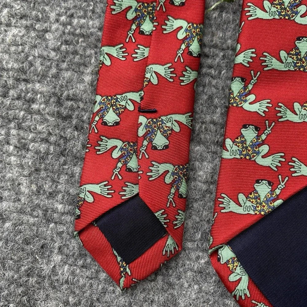 Peace Frogs Silk Necktie Red Green Whimsical Novelty Preppy Holiday